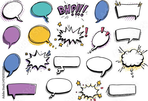 Hand-drawn doodle speech bubbles set, featuring cartoon and comic vector clouds for communication design and text