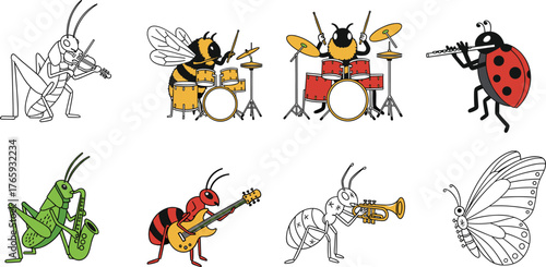 Funny Cartoon Insect Band Playing Music Vector Set, Bee Grasshopper Ant and Ladybug Characters with Instruments Illustration.