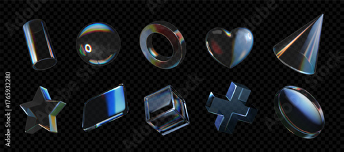 3d glass icons. Abstract star shape, heart and shield, flower gradient elements. Transparent y2k glossy objects. Cube, ball and crystal ring. UI button design. Vector isolated illustration