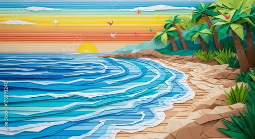 A vibrant, layered paper art depiction of a tropical beach scene at sunset with waves, palms, and sky
