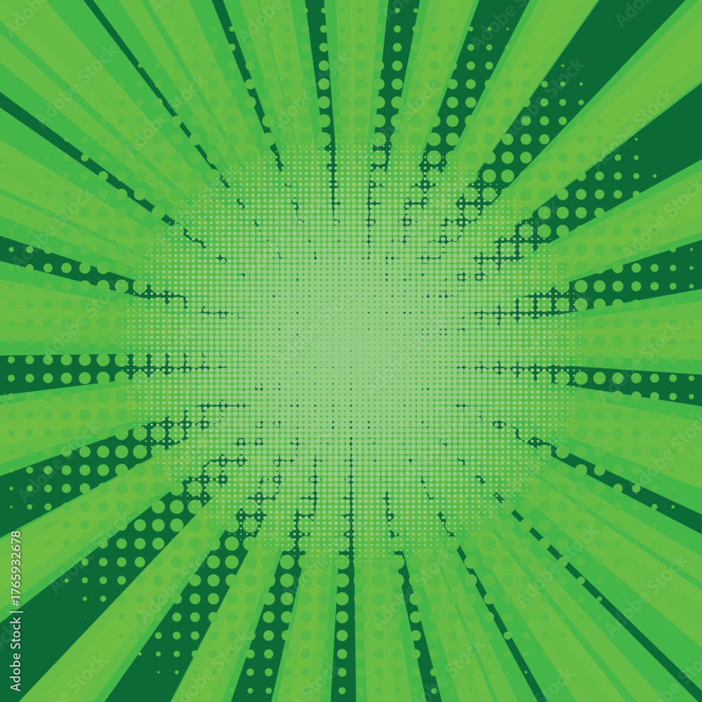 Obraz premium Comic book halftone background. Green sun pop art retro rays background.