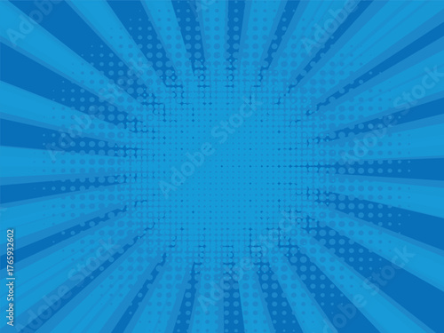 Comic book halftone background. Blue sun pop art retro rays background.