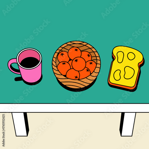 Breakfast table with coffee, oranges, and buttered toast  