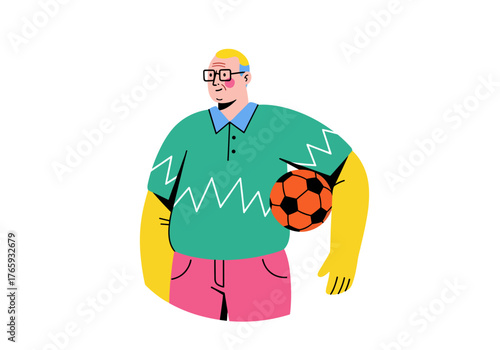 Playful man holding soccer ball in colorful sportswear  