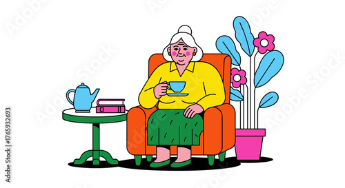 Elderly woman sitting on orange armchair and sipping tea indoors  