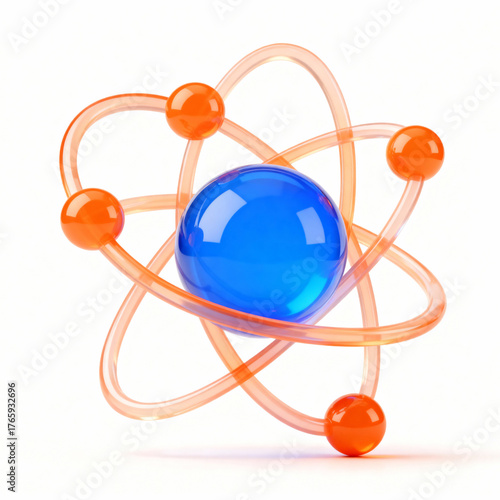  3D Atom Icon. Glassmorphism science symbol for physics and education. Minimalist, glossy translucent illustration isolated on white background.