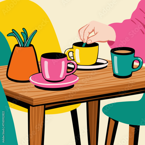 Hand adding sugar to colorful cups of coffee on wooden table  