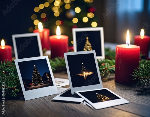 Cozy Christmas memories beautifully displayed with glowing candles, evergreen branches, and festive tree photos evoke warm holiday cheer.