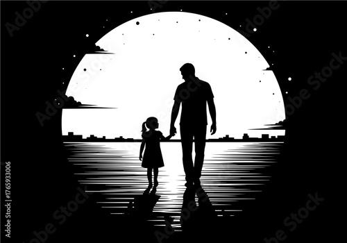 Father and daughter walking together in silhouette against a full moon, a touching moment of love