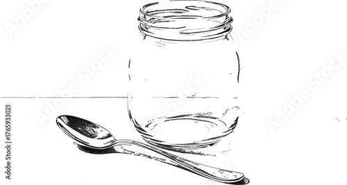 Glass Jar and Spoon Still Life on a White Surface, Drawing