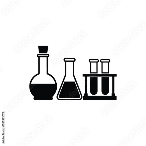 Black laboratory flasks and test tubes on white vector