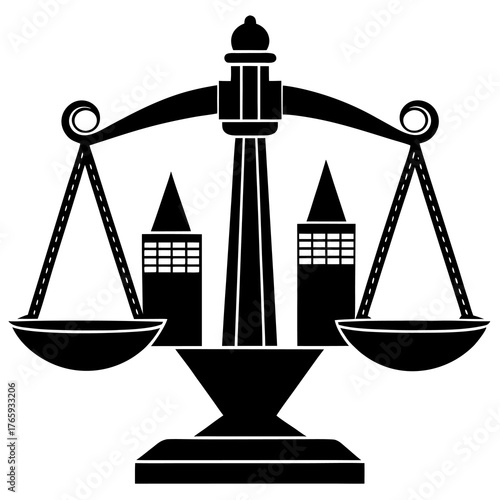 Black silhouette illustration of a balanced financial scale symbolizing fairness justice and economic equilibrium perfect for business and legal concepts