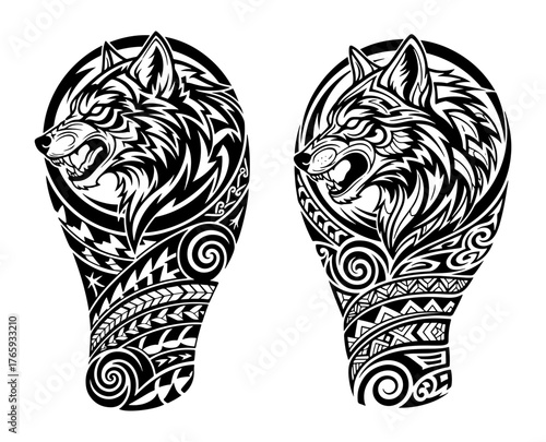 Two wolf head tribal tattoo designs, intricate black ink vector illustration