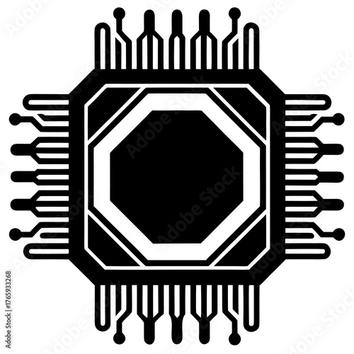 Abstract black silhouette illustration representing a quantum computer with interconnected nodes and futuristic digital elements symbolizing advanced technology and complex computation