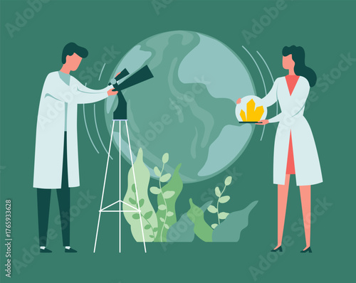 Lab scientists. People conduct experiment. Biology and geology research. Man looking at Earth through telescope. World environment study. Woman with geological minerals. Vector concept