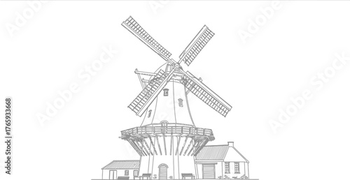 Detailed windmill line drawing, traditional architecture, europe