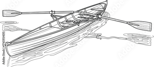 Rowing scull boat on water with paddles, line art illustration