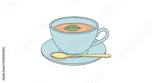 Teacup with mint leaf and teaspoon flat vector