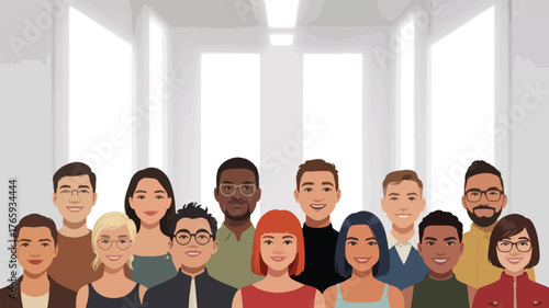 A professional team posing together in an office hallway, isolated on white background