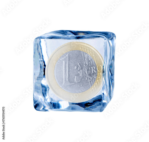 One euro coin in ice on white background. Frozen money