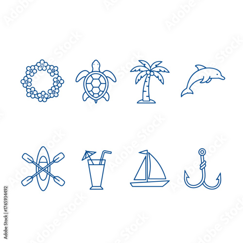 Collection of nautical and tropical icons on a white background