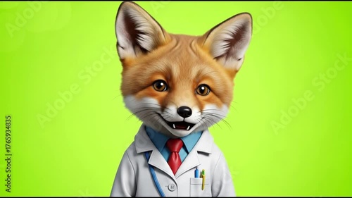 Illustration of a smiling fox in a lab coat against a