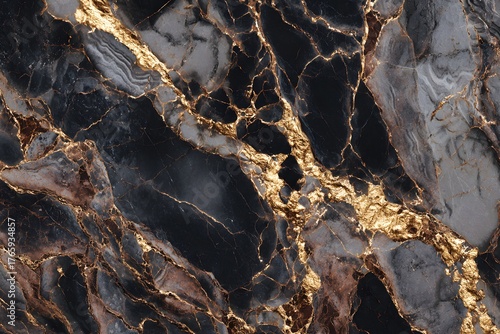 Close up of black and gray marble with gold veins creating an abstract pattern design effect