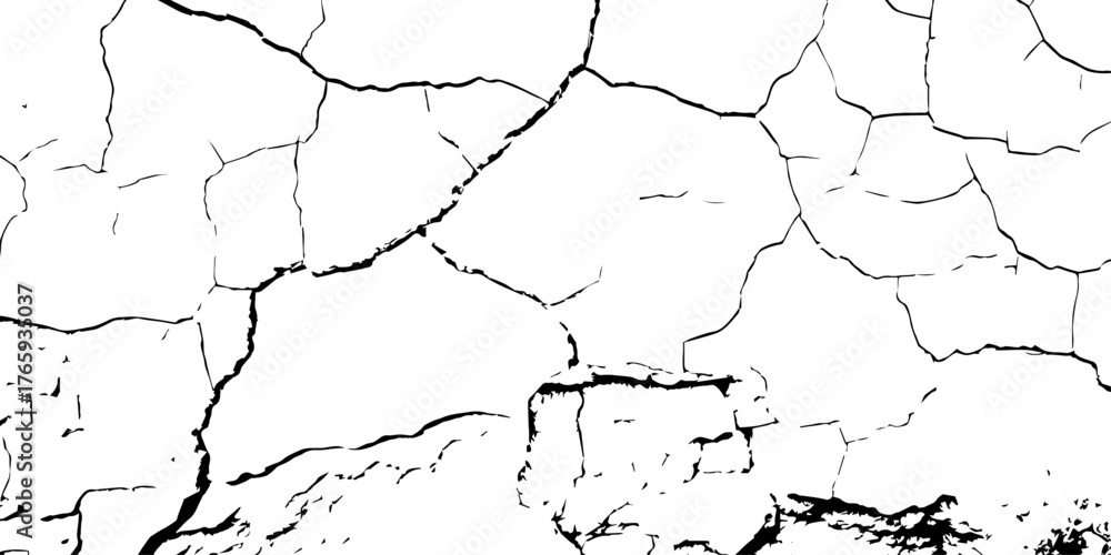 Obraz premium An abstract cracked texture, showcasing deep, irregular black lines spreading across a white background. The fragmented pattern resembles dry mud or broken stone, symbolizing fragility,