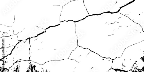 An abstract cracked texture, showcasing deep, irregular black lines spreading across a white background. The fragmented pattern resembles dry mud or broken stone, symbolizing fragility, 