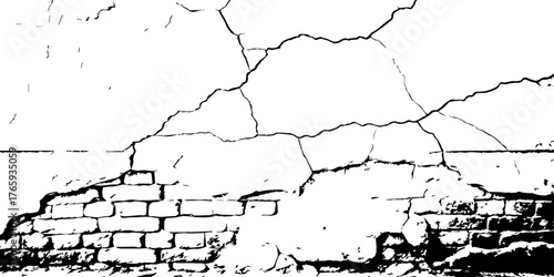 Close-up of a cracked surface pattern with random fissures forming abstract shapes. The bold black lines contrast against the white background, resembling parched desert soil or aged paint, 