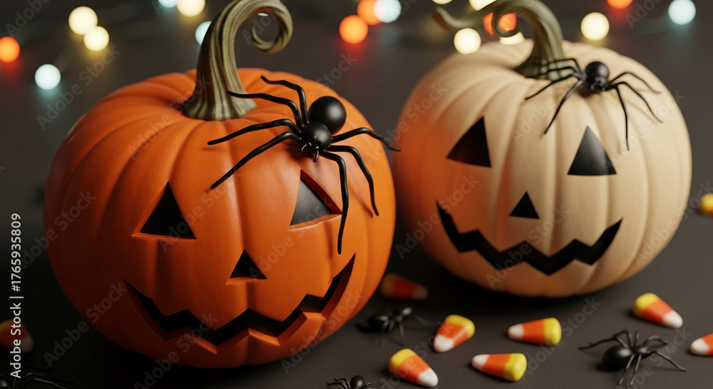 Fototapeta premium Two carved pumpkin with black spider on table, illuminated by string lights. It represents Halloween's festive and spooky atmosphere