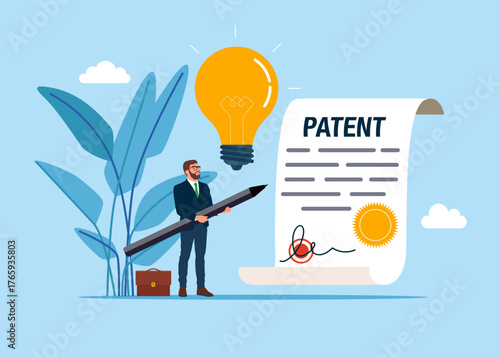 Copyright. Businessman holding pencil on word PATENT written on a document. Authors rights legal protection. Vector flat illustration