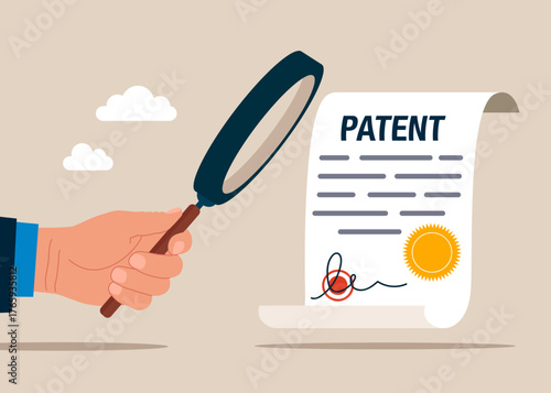 Clerk holding magnifying glass on word PATENT written on a document. Authors rights legal protection. Copyright. Vector flat illustration