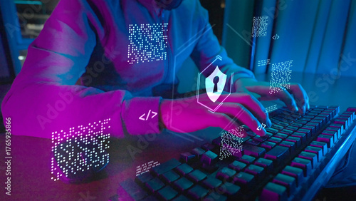 Corporate Cyber Security and Risk Management. A professional manages company security protocols on a digital device, AI data protection of sensitive business assets, client data, and critical 