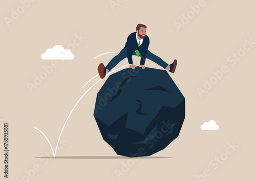 Businessman jumping over huge stone, overcoming hurdle, challenge, difficulty, life trouble, problem. Vector flat illustration