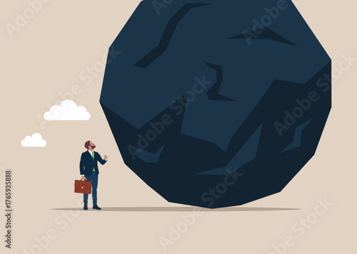 Businessman looking at huge stone. Business problem crisis hardship and burden. Vector flat Illustration.