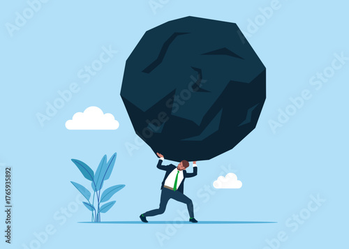 Businessman carrying huge stone. Business problem crisis hardship and burden. Vector flat Illustration.