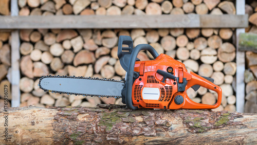 Closeup sharp petrol chainsaw on felled tree trunk before wall of stacked wood. Modern orange portable chain saw on wooden log and firewood stockpile for energy crisis in background. Woodworking tool.