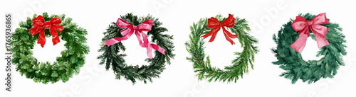 Set of watercolor Christmas wreaths. Vintage round wreaths of green Christmas tree branches decorated with a red and pink bow. Minimalist Christmas wreath for New Year's decor. 