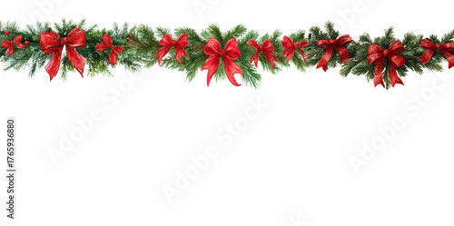 Vintage Christmas garland with bows. Watercolor garland of Christmas tree branches decorated with chevron retro bows. Border for New Year and Christmas greetings, designs, etc.