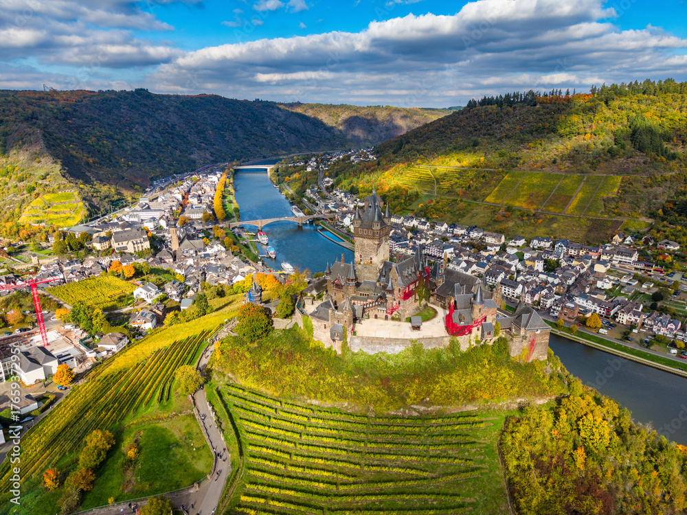 Fototapeta premium Aerial view of Cochem town with Reichsburg castle at the moselle river in Germany. Europe