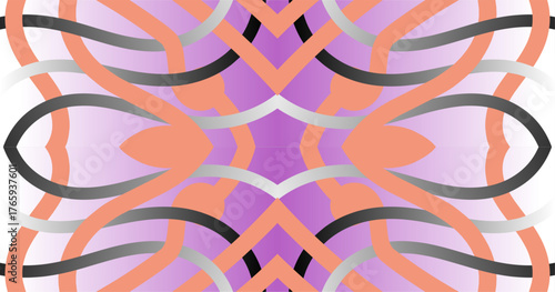Abstract seamless pattern with pink, purple, and orange curves forming symmetrical artistic texture.