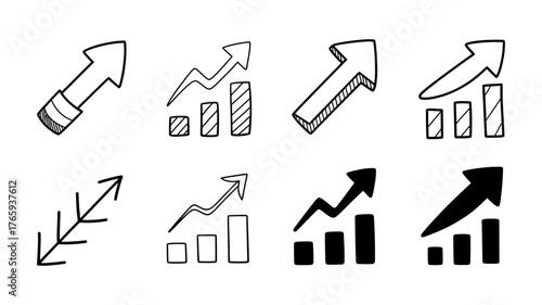 Vector art of hand drawn set of growth chart and arrow business success, increase, development, progress concept