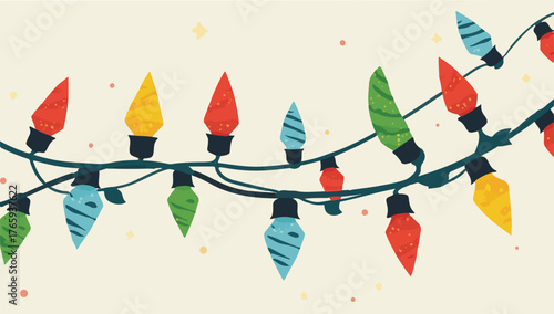 Vector design of A colorful vector illustration of Christmas lights with a flat design, featuring a string of lights with bulbs of varying shapes and sizes, each emitting a soft glow