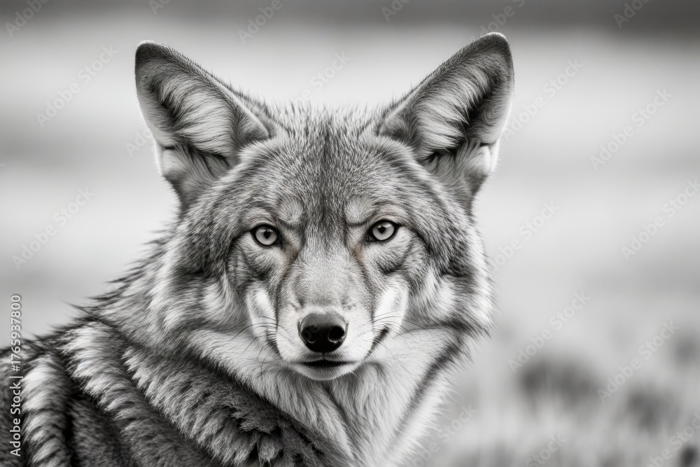 Fototapeta premium Wolf im Porträt mit intensiven Augen in Schwarz-Weiß