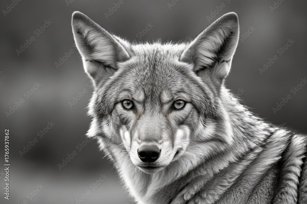 Fototapeta premium Wolf im Porträt mit intensiven Augen in Schwarz-Weiß