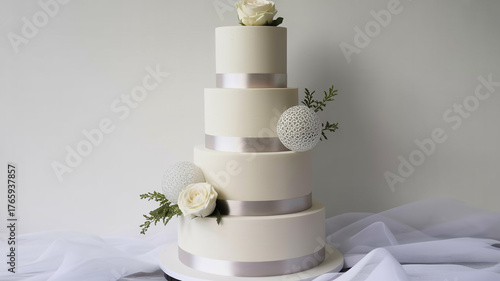 Elegant ivory four tier wedding cake with silver ribbon and white roses four tier cake ivory cake