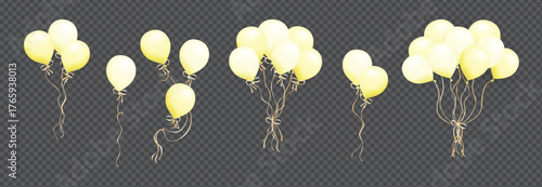 Realistic yellow air balloons set isolated on transparent background. Bunch of pastel helium balloons. Set of One, two, three, six and nine 3D air balloons for anniversary, birthday, wedding, party