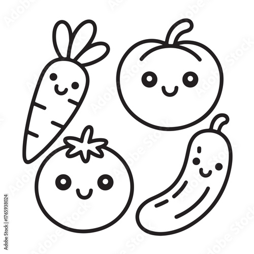 Cute cartoon vegetables with smiling faces isolated on white background carrot, tomato, cucumber, and pepper