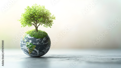 A vibrant green tree grows from a miniature earth globe symbolizing environmental conservation and a healthy planet